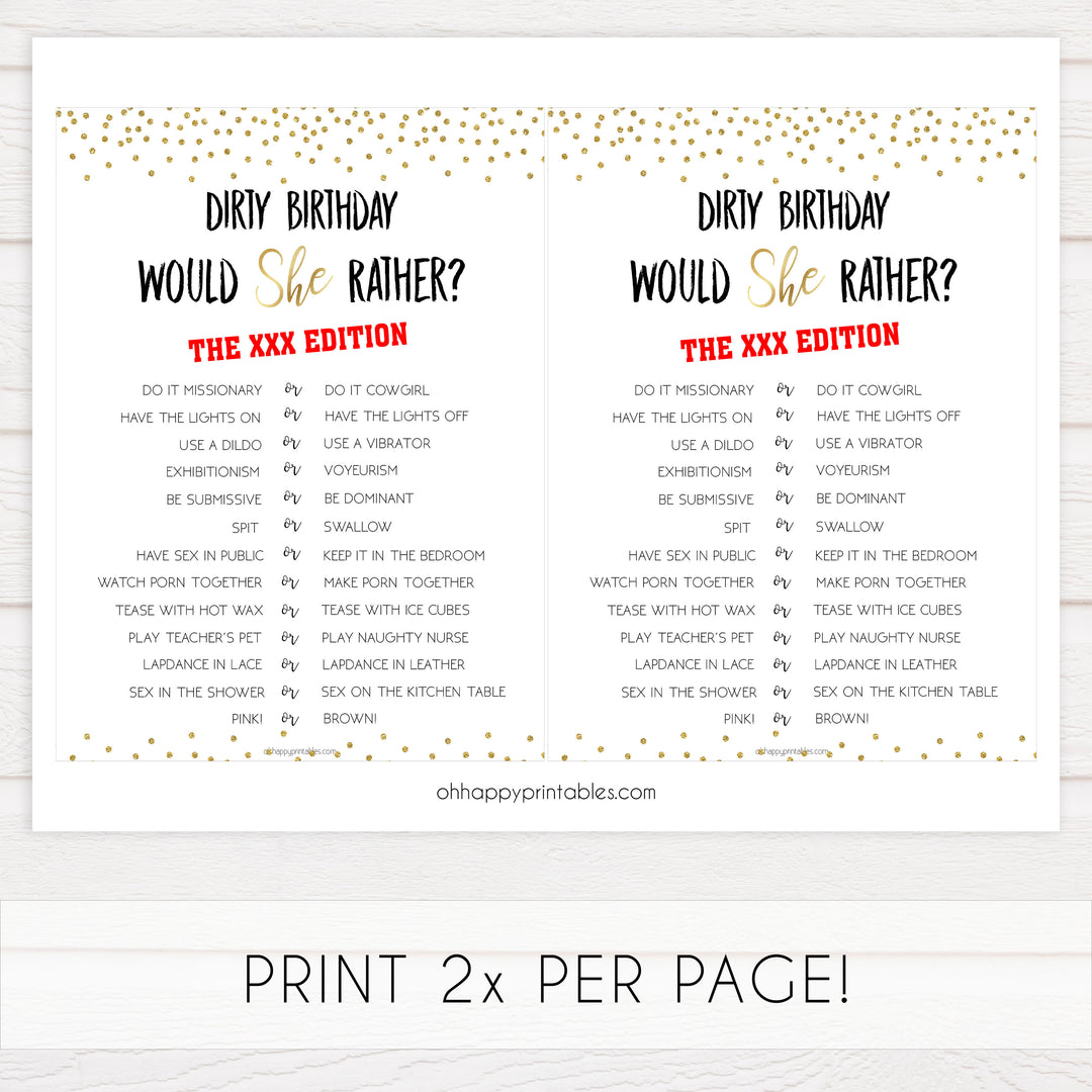 dirty would she rather, birthday would she rather game, printable birthday games, gold birthday games, fun 30th birthday games