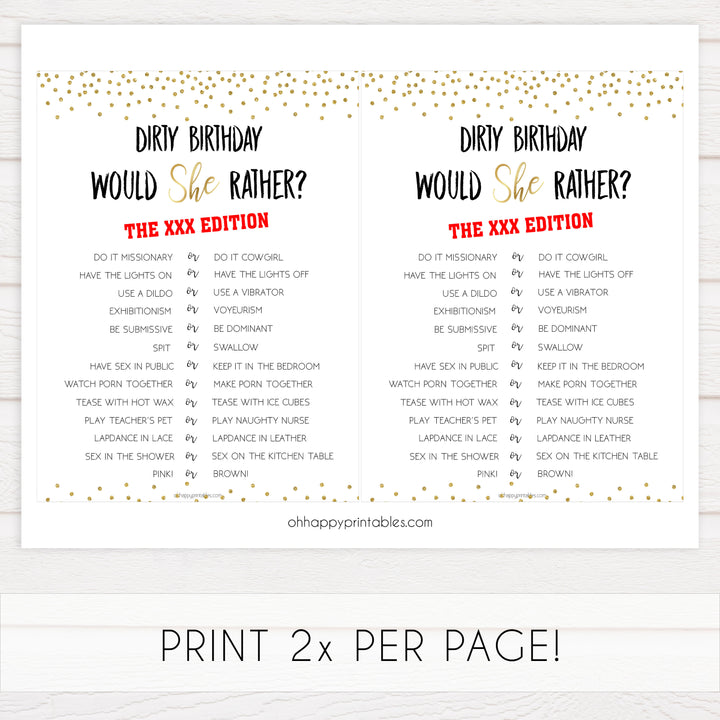 dirty would she rather, birthday would she rather game, printable birthday games, gold birthday games, fun 30th birthday games