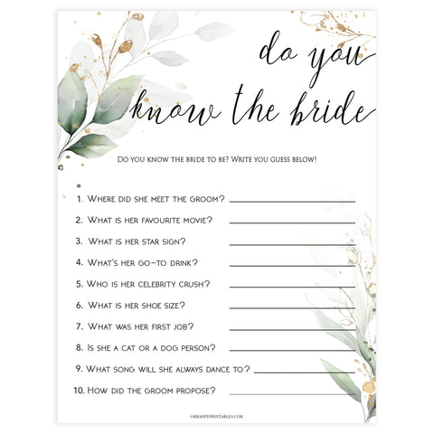 do you know the bride game, know the bride, Printable bridal shower games, greenery bridal shower, gold leaf bridal shower games, fun bridal shower games, bridal shower game ideas, greenery bridal shower