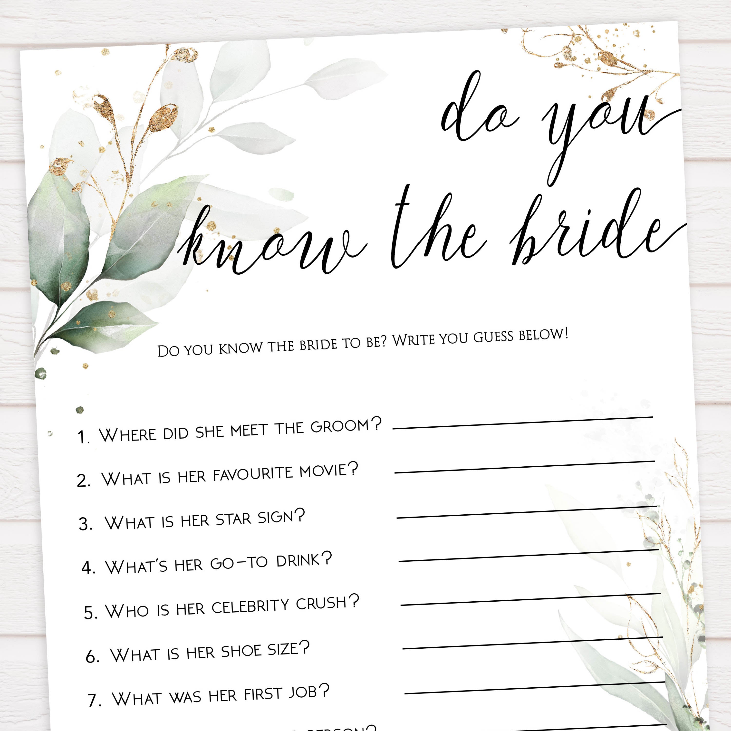 do you know the bride game, know the bride, Printable bridal shower games, greenery bridal shower, gold leaf bridal shower games, fun bridal shower games, bridal shower game ideas, greenery bridal shower