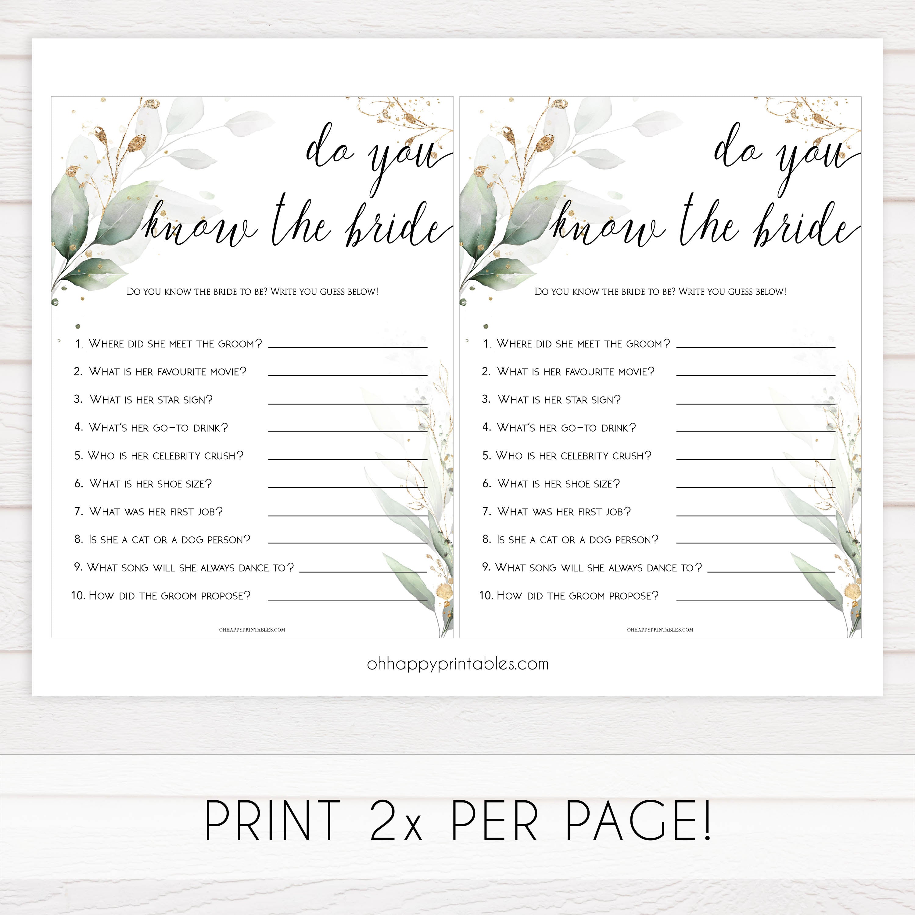 do you know the bride game, know the bride, Printable bridal shower games, greenery bridal shower, gold leaf bridal shower games, fun bridal shower games, bridal shower game ideas, greenery bridal shower