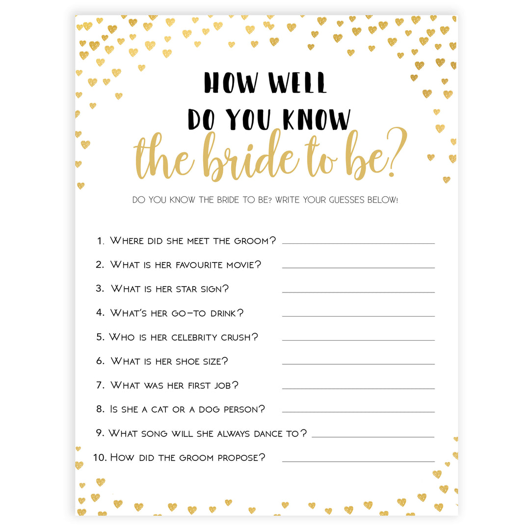 Gold hearts bridal shower games, do you know the bride, printable bridal games, gold bridal games, gold hearts bridal games, fun bridal games, top bridal games, best bridal games