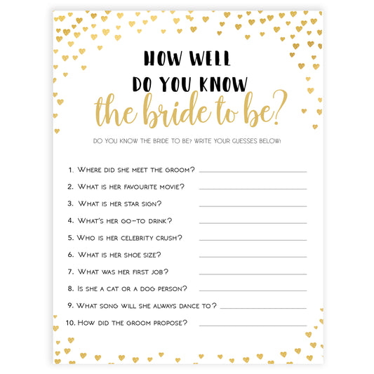 Gold hearts bridal shower games, do you know the bride, printable bridal games, gold bridal games, gold hearts bridal games, fun bridal games, top bridal games, best bridal games