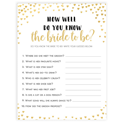 Gold hearts bridal shower games, do you know the bride, printable bridal games, gold bridal games, gold hearts bridal games, fun bridal games, top bridal games, best bridal games
