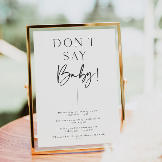 Printable baby shower game don't say baby with a modern minimalist design
