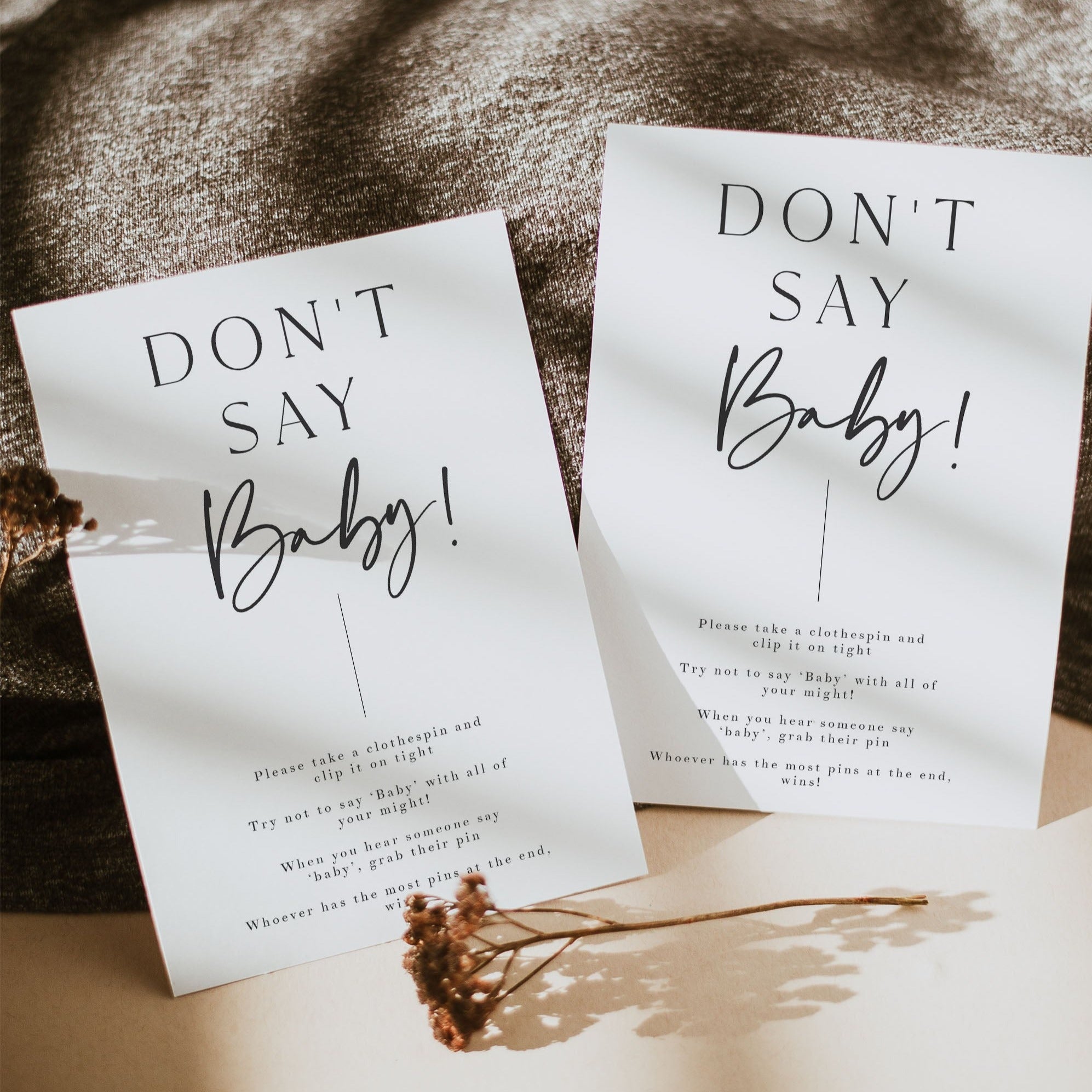 Printable baby shower game don't say baby with a modern minimalist design