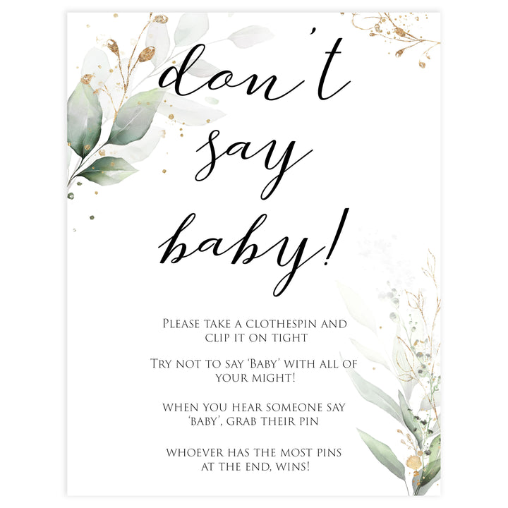 Gold green leaf baby games, dont say baby, printable baby games, fun baby games, top baby games to play, gold leaf baby shower, greenery baby shower ideas