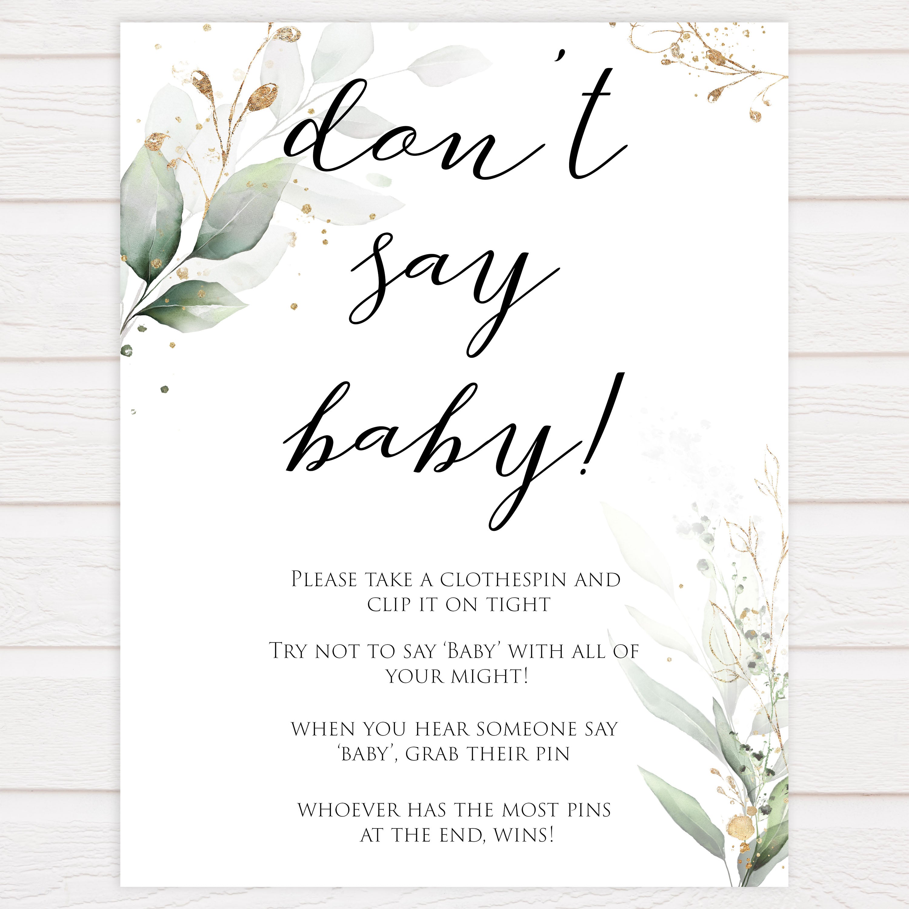 Gold green leaf baby games, dont say baby, printable baby games, fun baby games, top baby games to play, gold leaf baby shower, greenery baby shower ideas