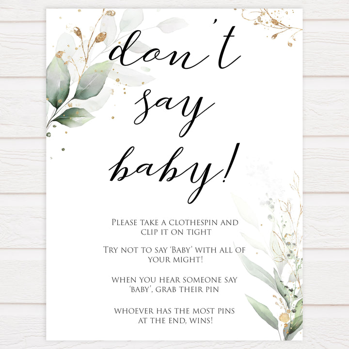 Gold green leaf baby games, dont say baby, printable baby games, fun baby games, top baby games to play, gold leaf baby shower, greenery baby shower ideas