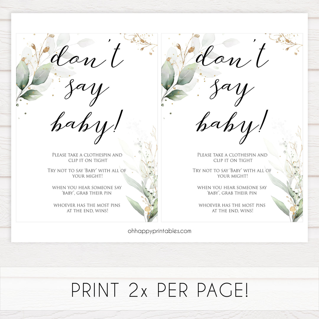 Gold green leaf baby games, dont say baby, printable baby games, fun baby games, top baby games to play, gold leaf baby shower, greenery baby shower ideas