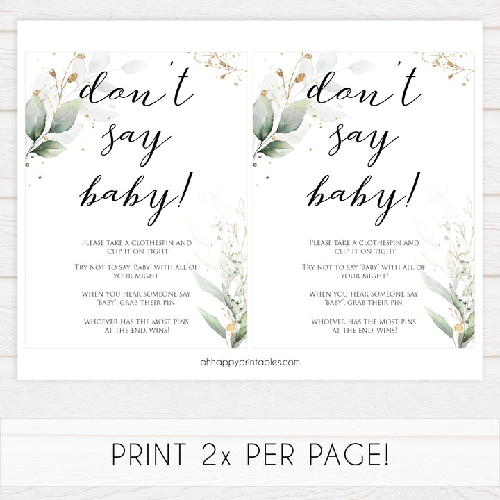 Gold green leaf baby games, dont say baby, printable baby games, fun baby games, top baby games to play, gold leaf baby shower, greenery baby shower ideas