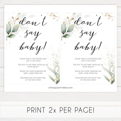 Gold green leaf baby games, dont say baby, printable baby games, fun baby games, top baby games to play, gold leaf baby shower, greenery baby shower ideas