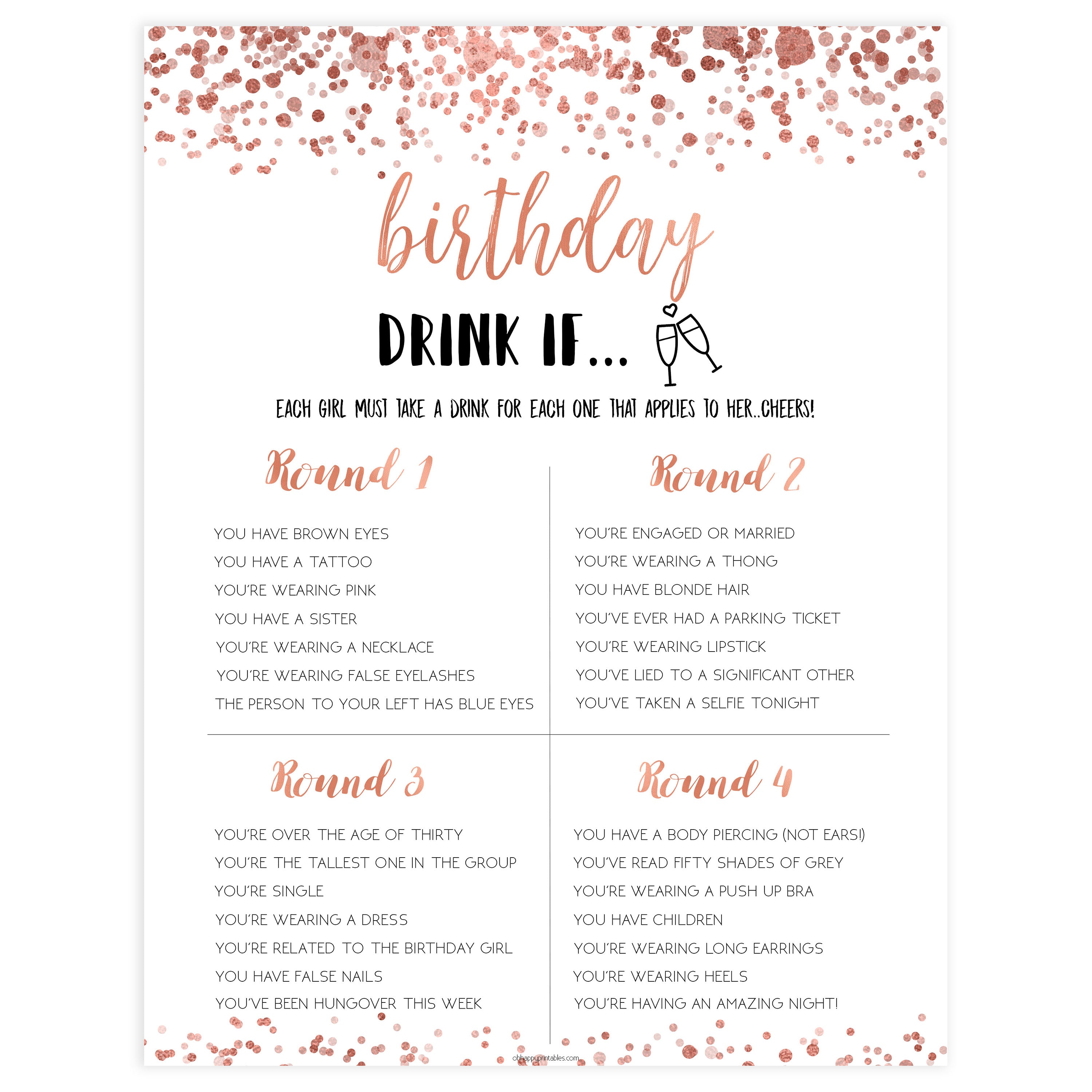 birthday drink if game, printable birthday games, adult birthday games, drink if game, rose gold drink if game