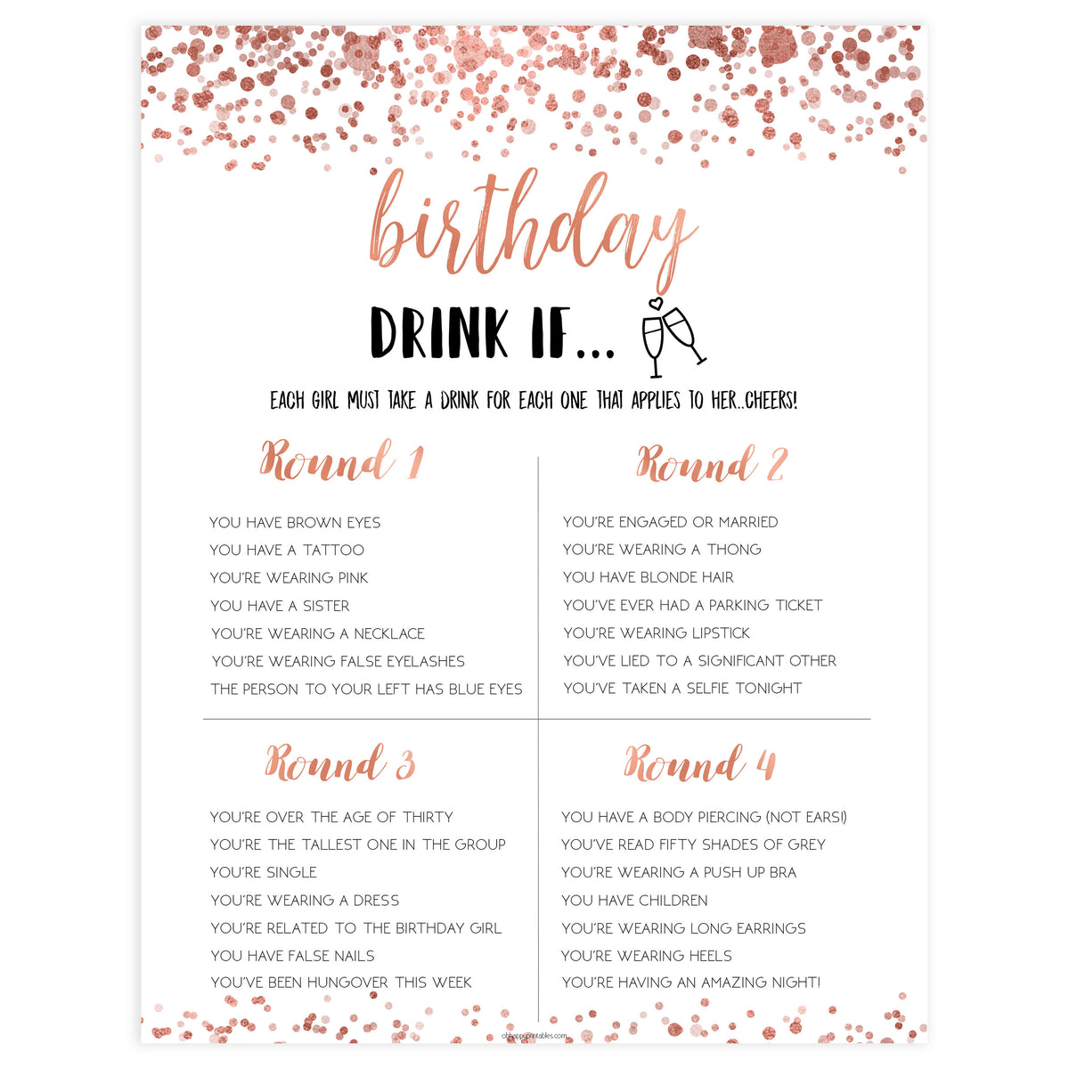 birthday drink if game, printable birthday games, adult birthday games, drink if game, rose gold drink if game