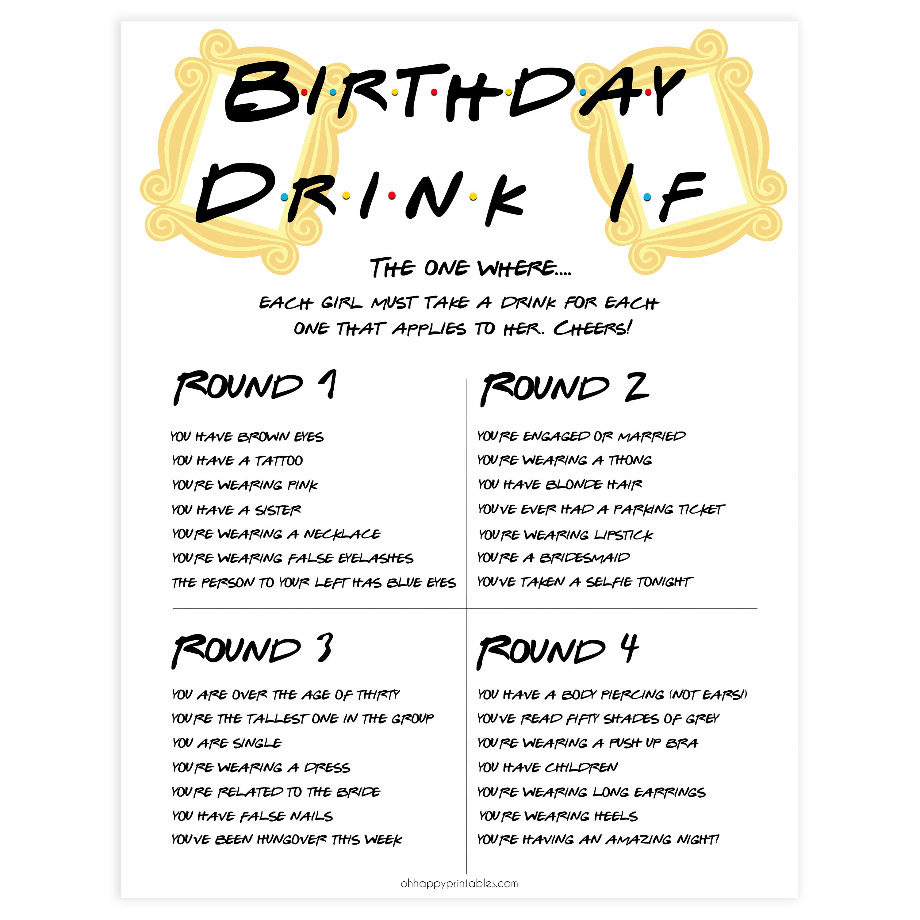 friends birthday game, birthday drink if game, printable birthday games, drink if, fun birthday games