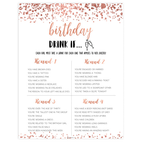 birthday drink if game, printable birthday games, adult birthday games, drink if game, rose gold drink if game