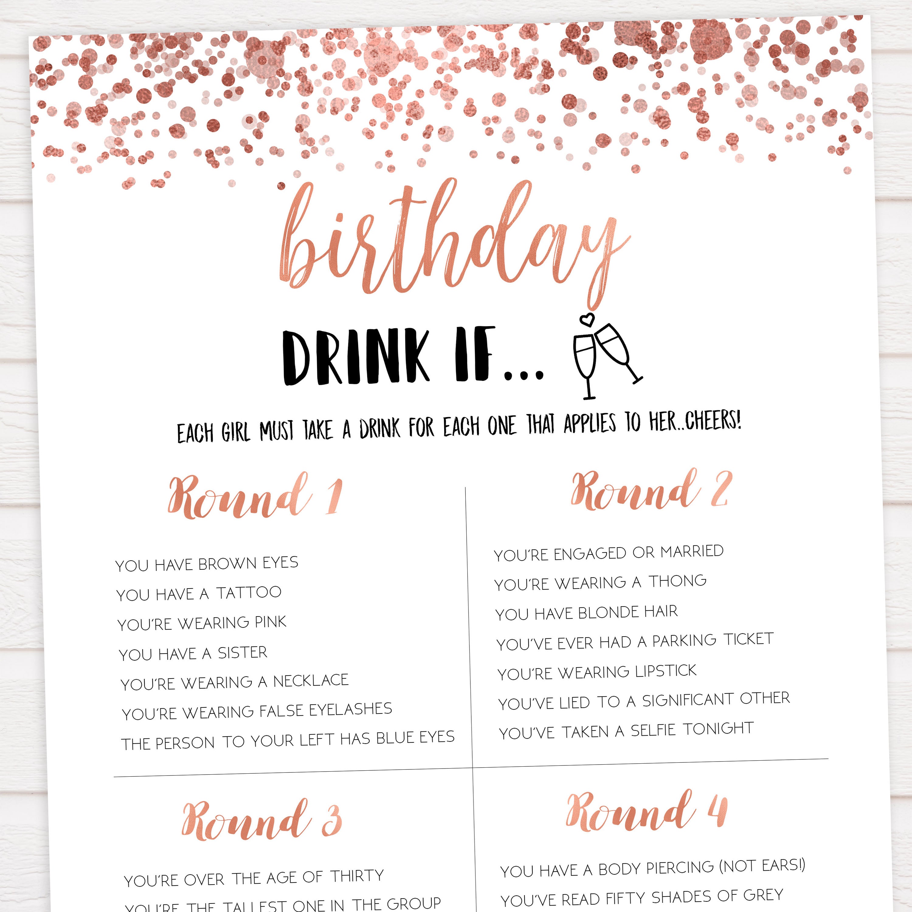 birthday drink if game, printable birthday games, adult birthday games, drink if game, rose gold drink if game
