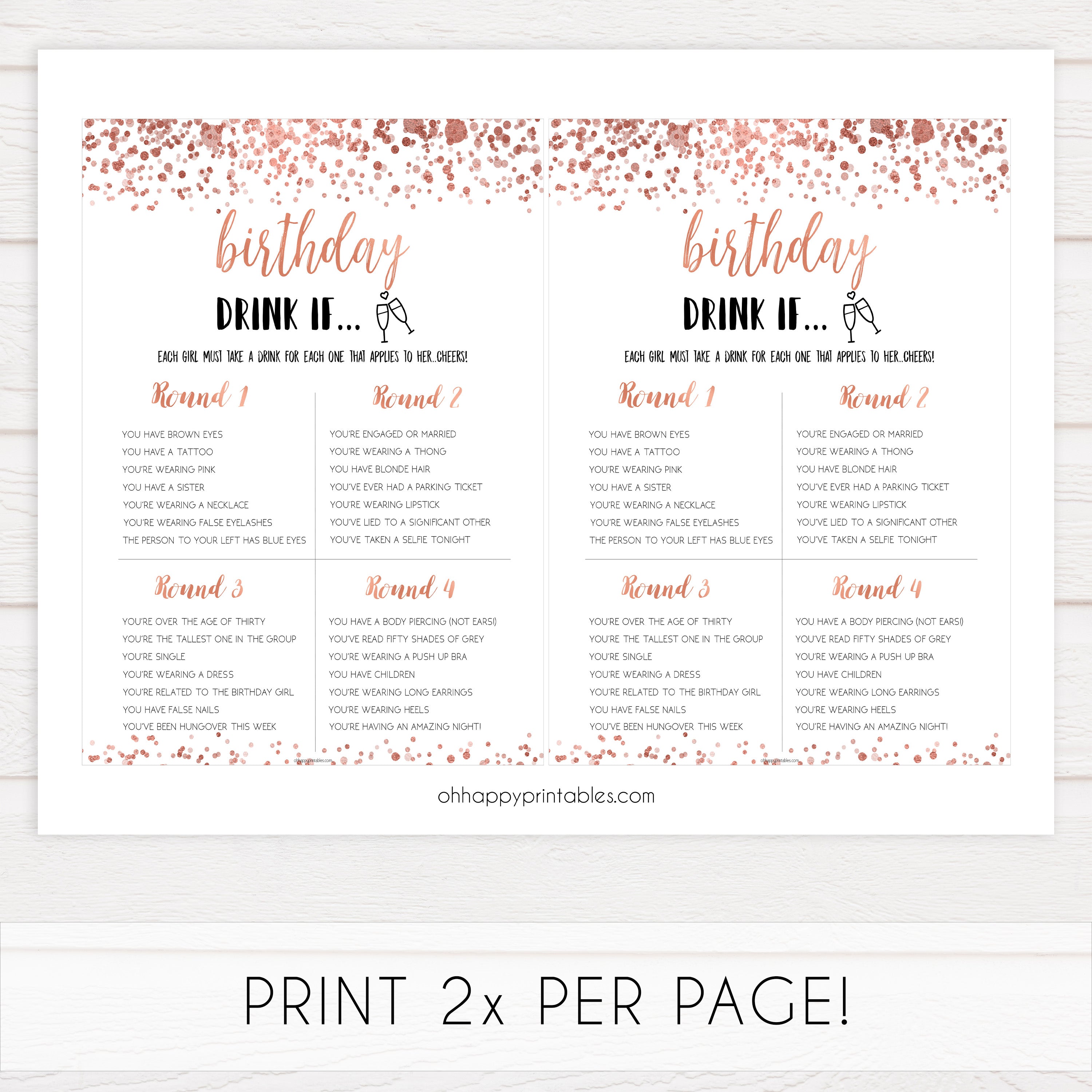 birthday drink if game, printable birthday games, adult birthday games, drink if game, rose gold drink if game