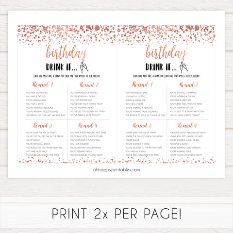 birthday drink if game, printable birthday games, adult birthday games, drink if game, rose gold drink if game