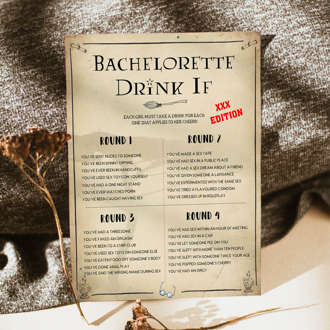 adult drink if game, naughty drink if game,  Printable bachelorette games, Harry Potter bachelorette, Harry Potter hen party games, fun hen party games, bachelorette game ideas, Harry Potter adult party games, naughty hen games, naughty bachelorette games