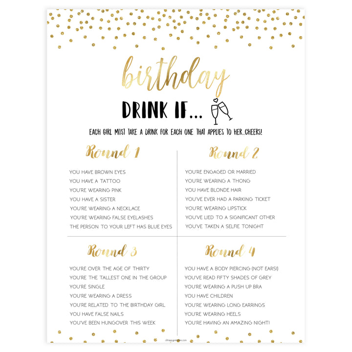 birthday drink if game, gold glitter birthday game, printable birthday games, drink if birthday game, fun birthday game, popular birthday game