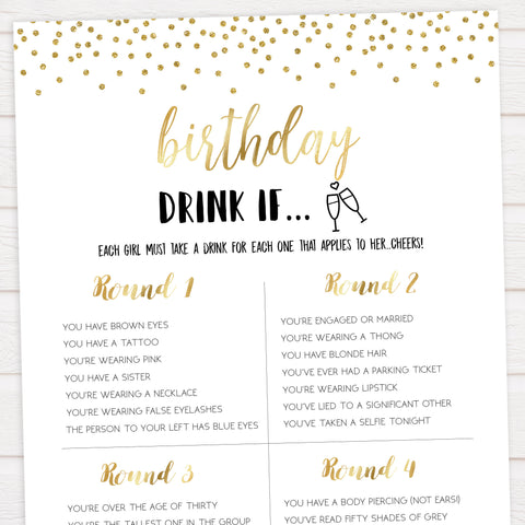 birthday drink if game, gold glitter birthday game, printable birthday games, drink if birthday game, fun birthday game, popular birthday game