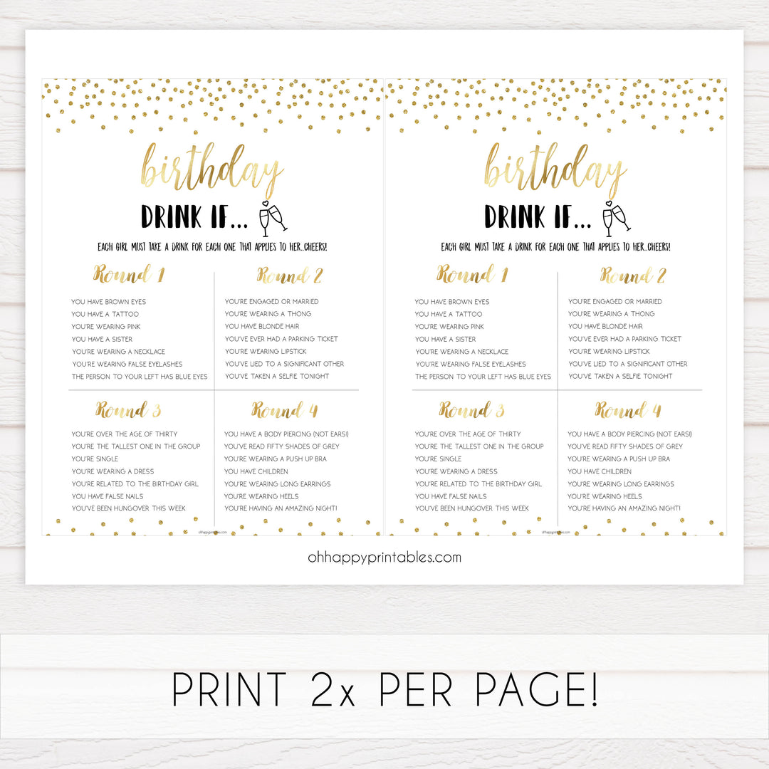 birthday drink if game, gold glitter birthday game, printable birthday games, drink if birthday game, fun birthday game, popular birthday game