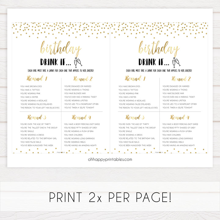 birthday drink if game, gold glitter birthday game, printable birthday games, drink if birthday game, fun birthday game, popular birthday game