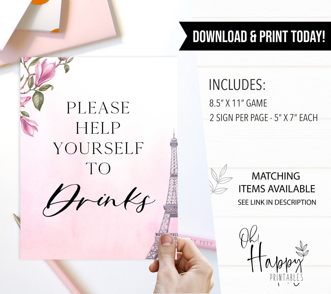 drinks baby shower table sign, Paris baby shower games, printable baby shower games, Parisian baby shower games, fun baby shower games