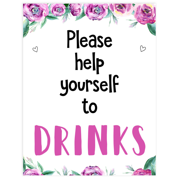 drinks baby shower signs, printable baby shower decor, drinks baby decor, purple peonies baby signs, fun baby shower decor