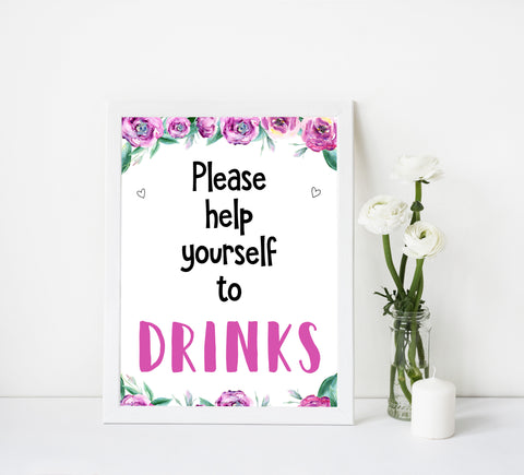 drinks baby shower signs, printable baby shower decor, drinks baby decor, purple peonies baby signs, fun baby shower decor