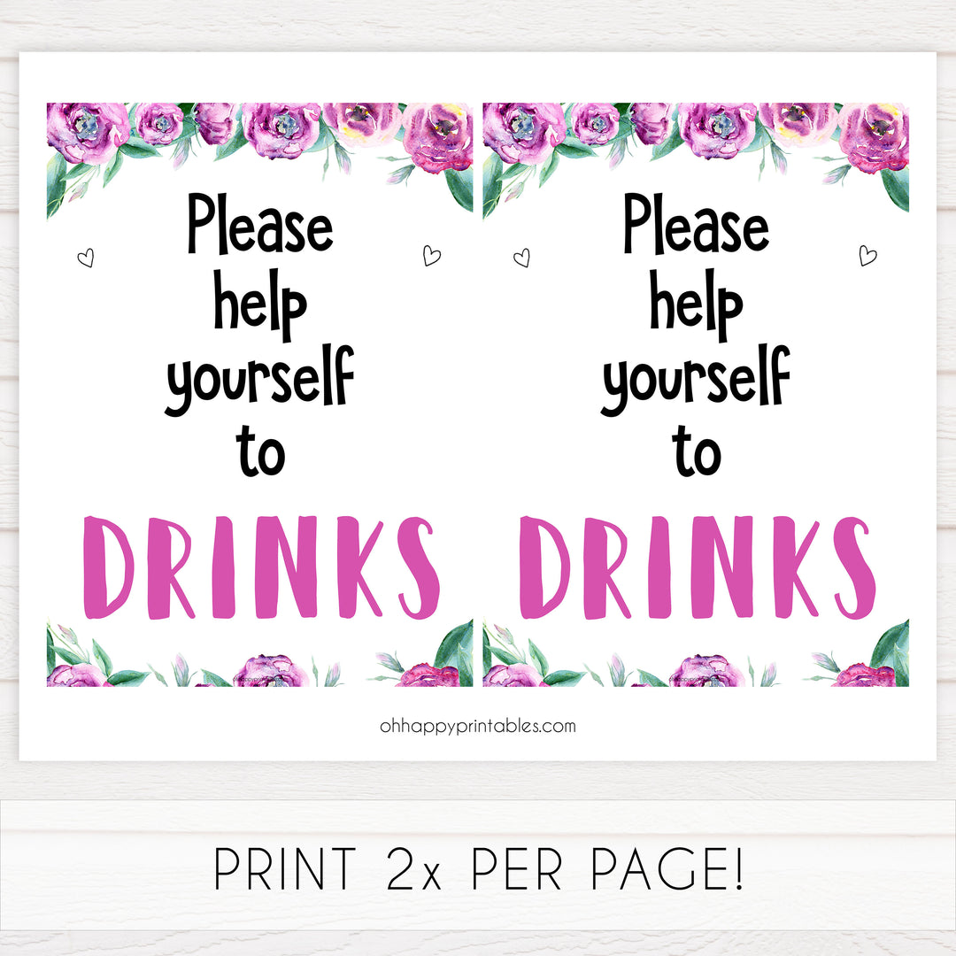 drinks baby shower signs, printable baby shower decor, drinks baby decor, purple peonies baby signs, fun baby shower decor