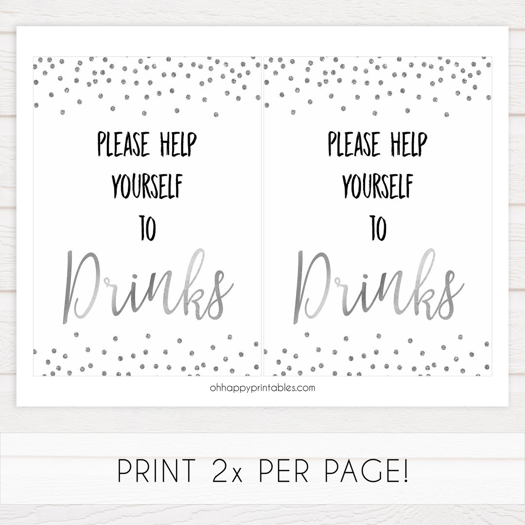 drinks baby table signs, drinks sign, Baby silver glitter baby decor, printable baby table signs, printable baby decor, baby silver glitter table signs, fun baby signs, baby silver fun baby table signs