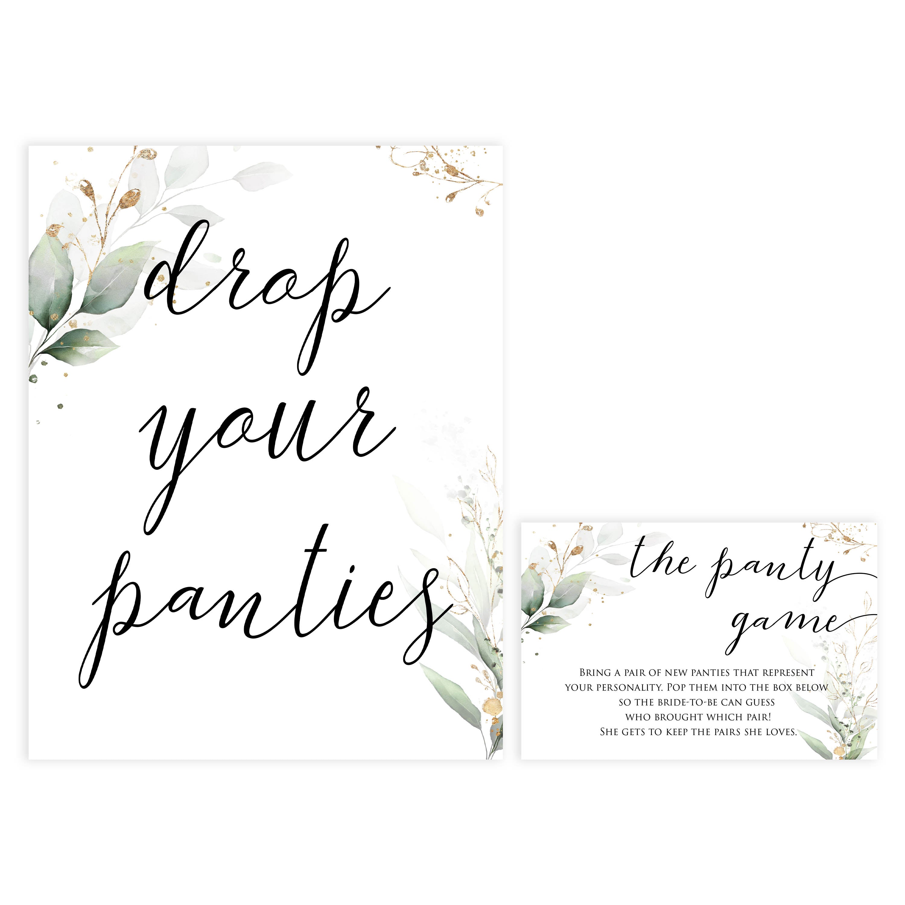 drop your panties game, Printable bridal shower games, greenery bridal shower, gold leaf bridal shower games, fun bridal shower games, bridal shower game ideas, greenery bridal shower