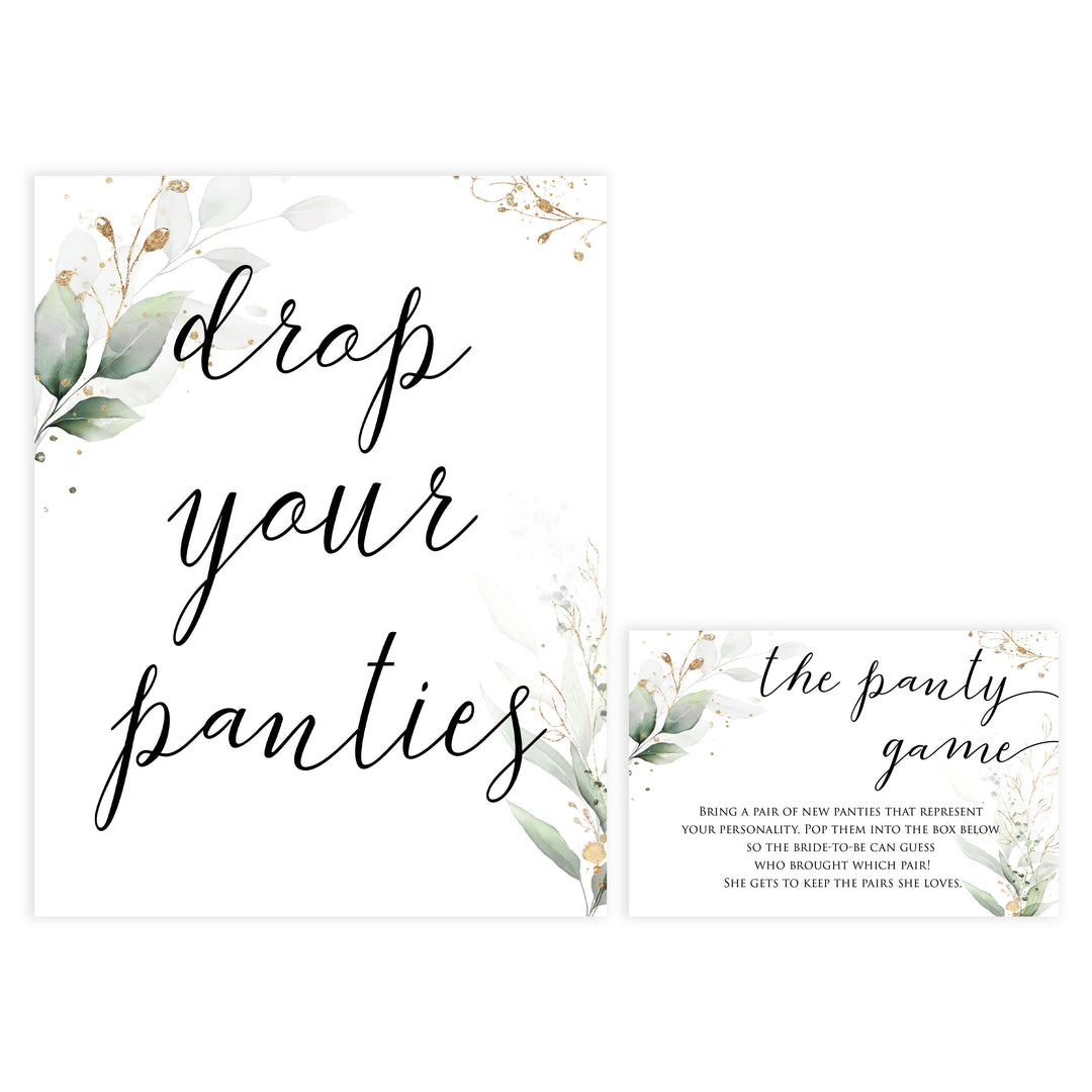 drop your panties game, Printable bridal shower games, greenery bridal shower, gold leaf bridal shower games, fun bridal shower games, bridal shower game ideas, greenery bridal shower