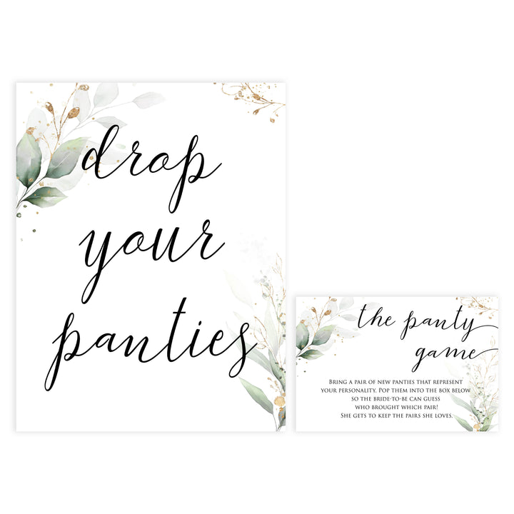 drop your panties game, Printable bridal shower games, greenery bridal shower, gold leaf bridal shower games, fun bridal shower games, bridal shower game ideas, greenery bridal shower