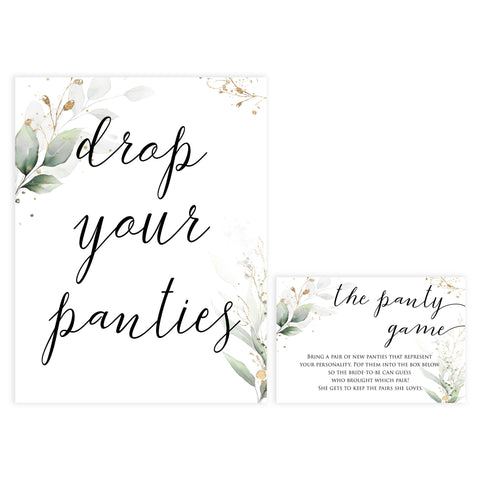 drop your panties game, Printable bridal shower games, greenery bridal shower, gold leaf bridal shower games, fun bridal shower games, bridal shower game ideas, greenery bridal shower