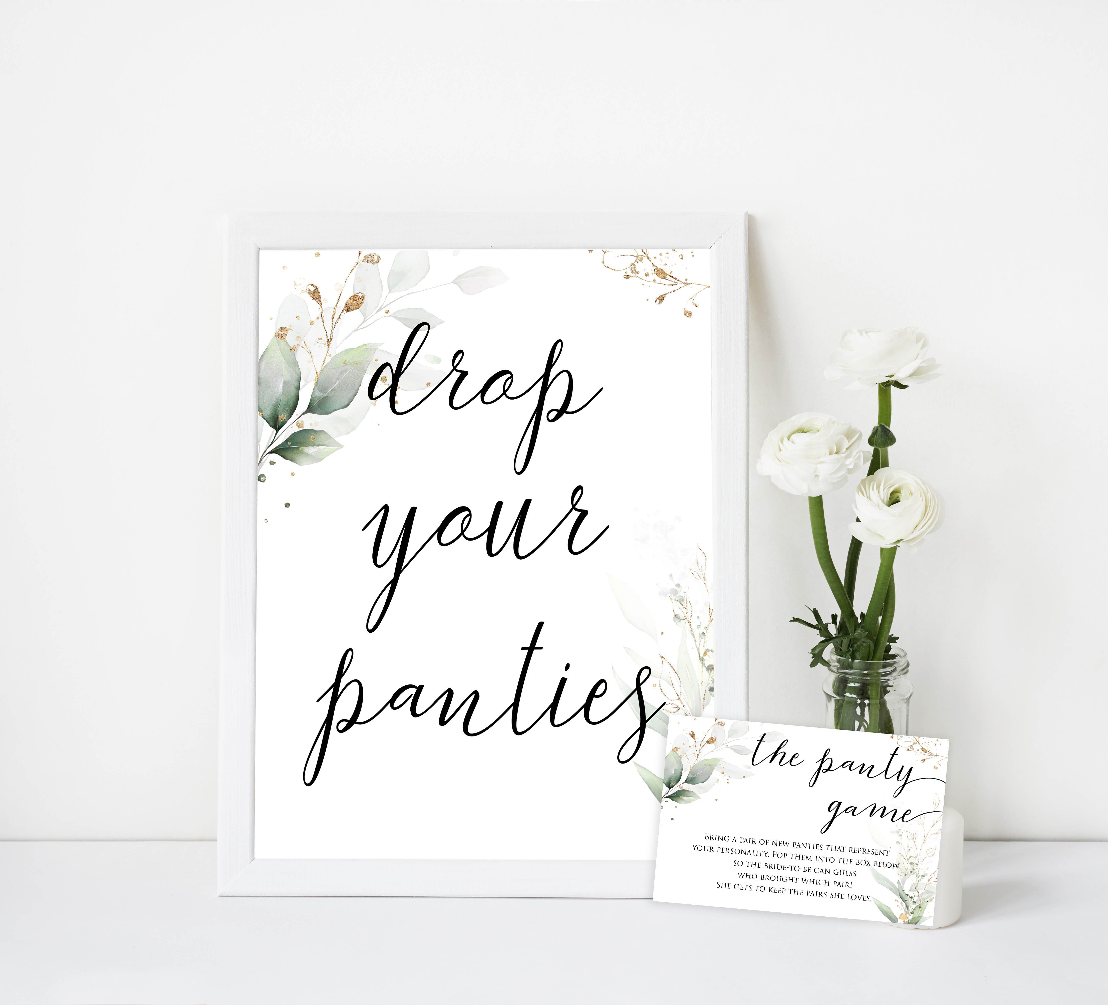 drop your panties game, Printable bridal shower games, greenery bridal shower, gold leaf bridal shower games, fun bridal shower games, bridal shower game ideas, greenery bridal shower