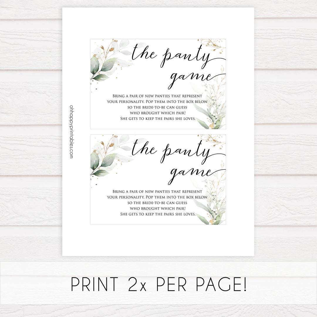 drop your panties game, Printable bridal shower games, greenery bridal shower, gold leaf bridal shower games, fun bridal shower games, bridal shower game ideas, greenery bridal shower