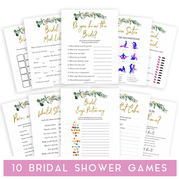 Papery Pop Bridal Shower Games Set - 4 Fun Games For 30 Guests With Eucalyptus Design (Double Sided Cards)