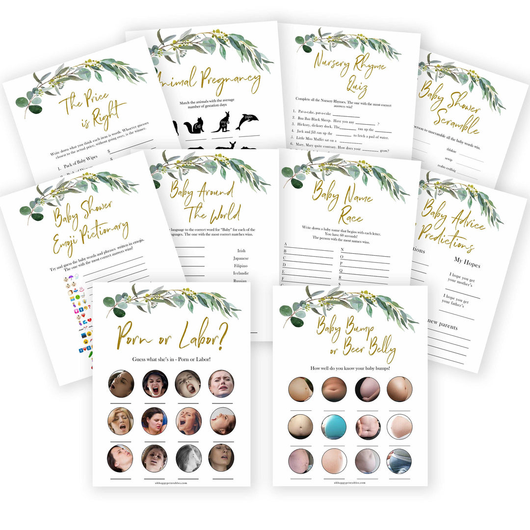 Eucalyptus baby shower games, fun baby shower games, printable baby games, baby shower ideas, baby games, baby shower baby shower bundle, baby shower games packs