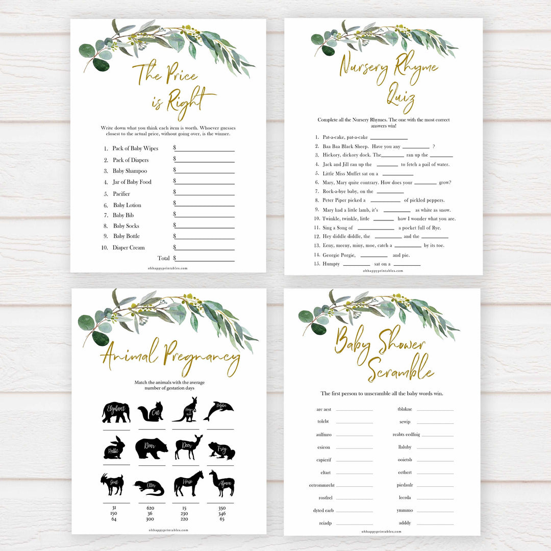 Eucalyptus baby shower games, fun baby shower games, printable baby games, baby shower ideas, baby games, baby shower baby shower bundle, baby shower games packs