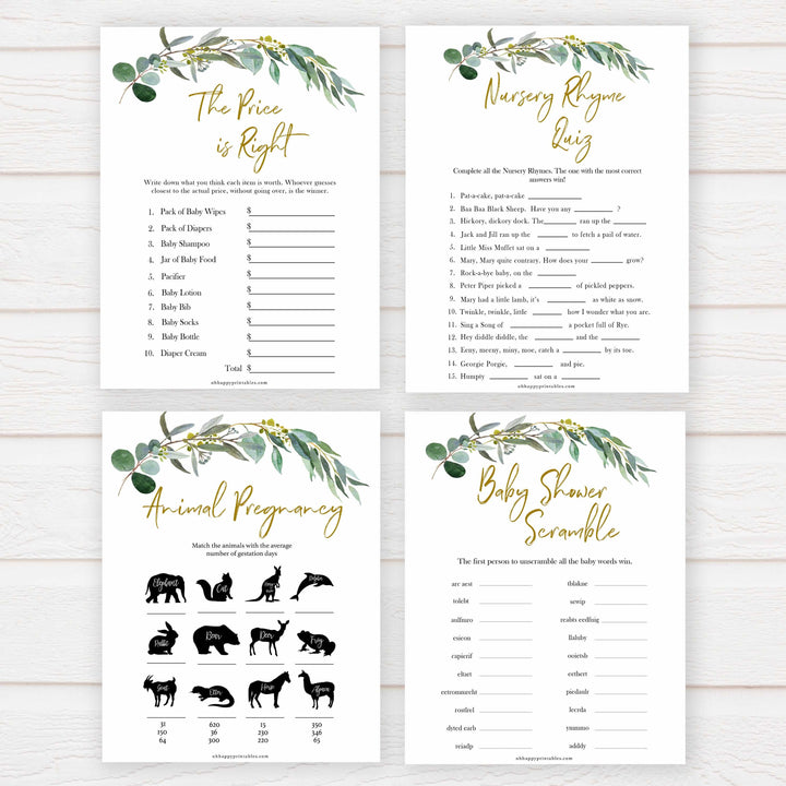 Eucalyptus baby shower games, fun baby shower games, printable baby games, baby shower ideas, baby games, baby shower baby shower bundle, baby shower games packs