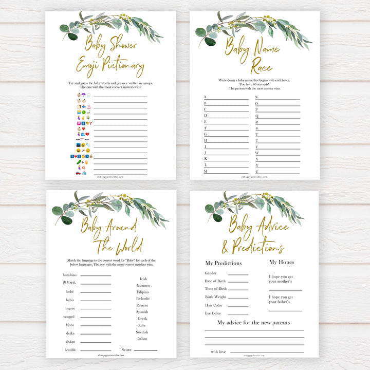Eucalyptus baby shower games, fun baby shower games, printable baby games, baby shower ideas, baby games, baby shower baby shower bundle, baby shower games packs
