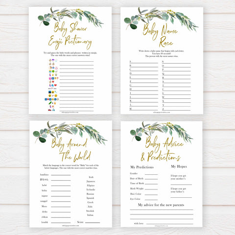 Eucalyptus baby shower games, fun baby shower games, printable baby games, baby shower ideas, baby games, baby shower baby shower bundle, baby shower games packs