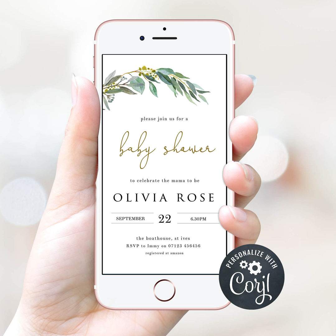 eucalyptus baby shower invitations, printable baby shower invitations, editable baby shower invitations, eucalyptus baby invites, floral baby shower invitations, floral baby invites