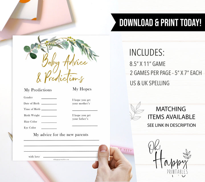 Eucalyptus baby shower games, baby advice and predictions baby game, fun baby shower games, printable baby games, baby shower ideas, baby games, baby shower baby shower bundle, baby shower games packs, botanical baby shower