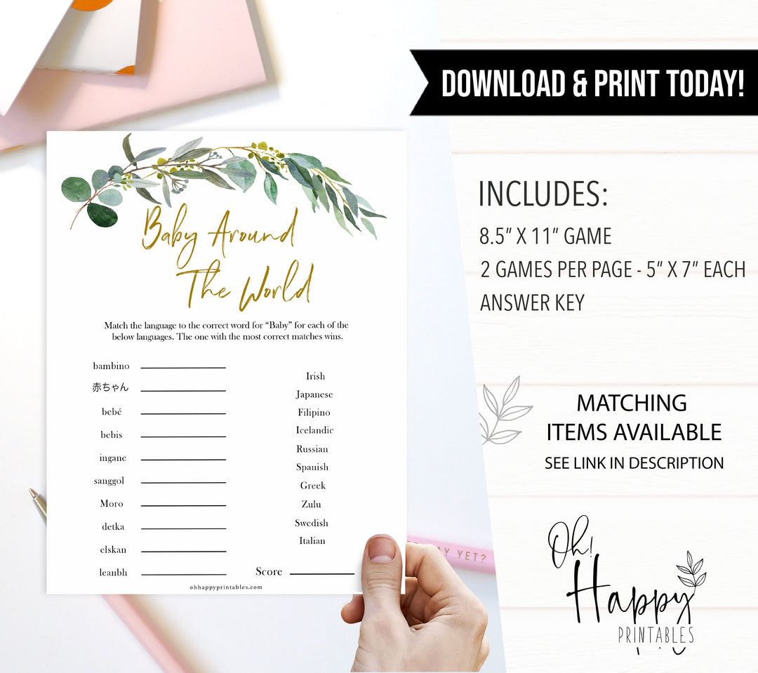Eucalyptus baby shower games, baby around the world baby game, fun baby shower games, printable baby games, baby shower ideas, baby games, baby shower baby shower bundle, baby shower games packs, botanical baby shower