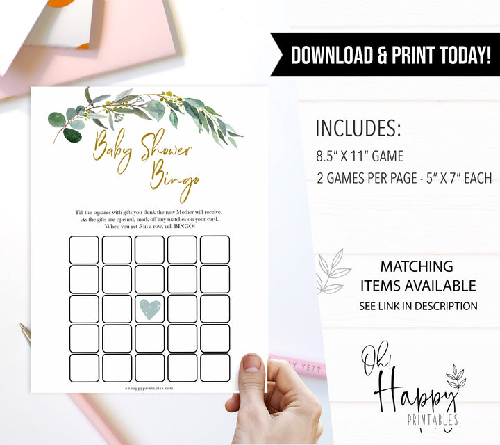 Eucalyptus baby shower games, baby shower bingo baby game, fun baby shower games, printable baby games, baby shower ideas, baby games, baby shower baby shower bundle, baby shower games packs, botanical baby shower