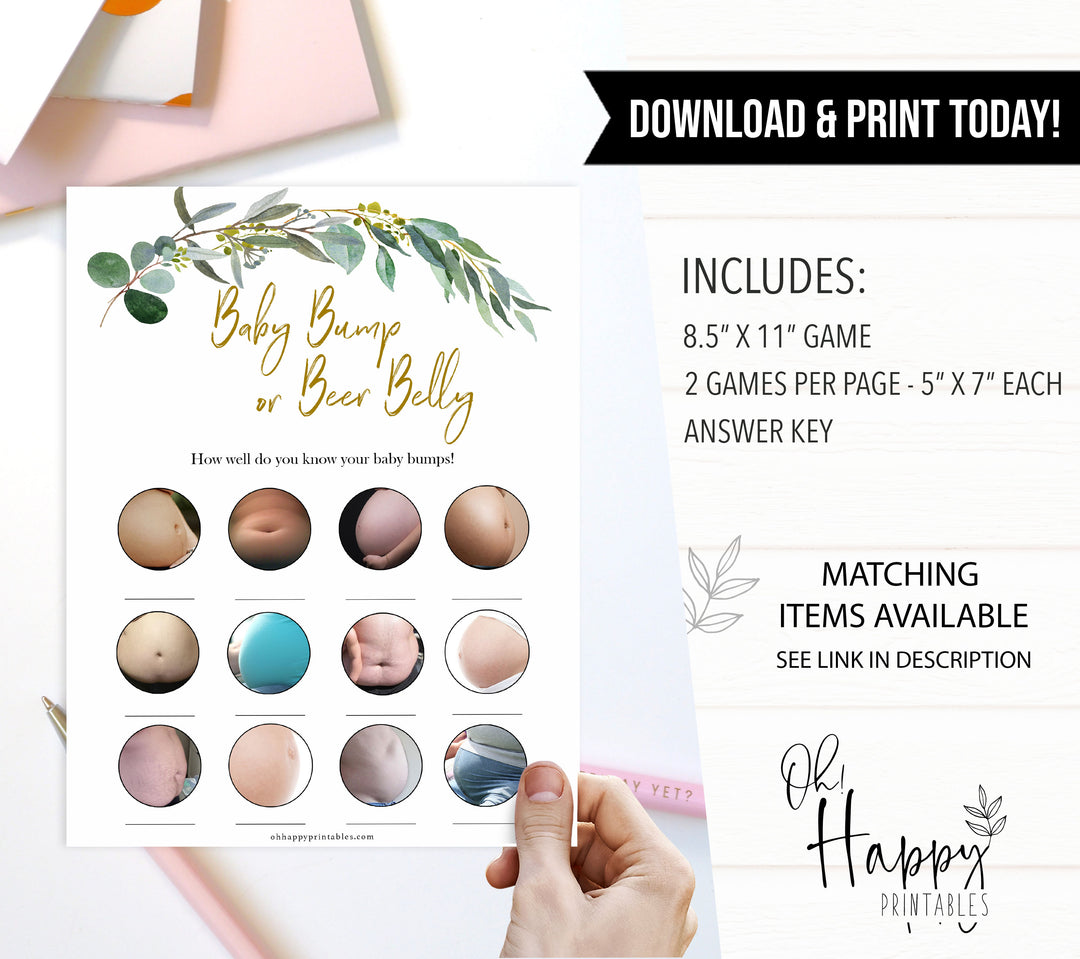 Eucalyptus baby shower games, baby bump or beer belly baby game, fun baby shower games, printable baby games, baby shower ideas, baby games, baby shower baby shower bundle, baby shower games packs, botanical baby shower